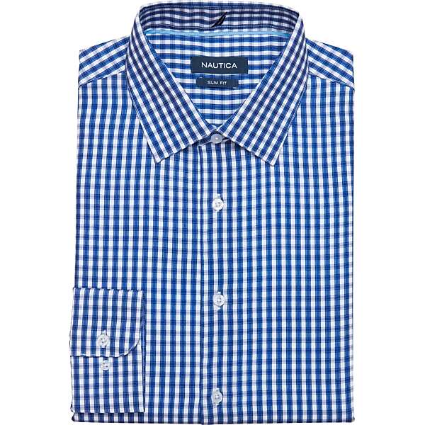 Nautica Men's Slim Fit Four-Way Stretch Dress Shirt Blue Check - Size: 16 1/2 34/35