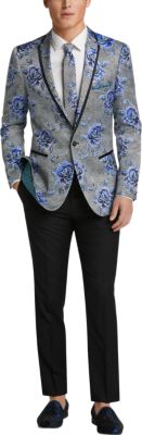Paisley Gray Slim Fit Dinner Jacket Black White Plaid With Blue Flowers Men S Suits Men S Wearhouse