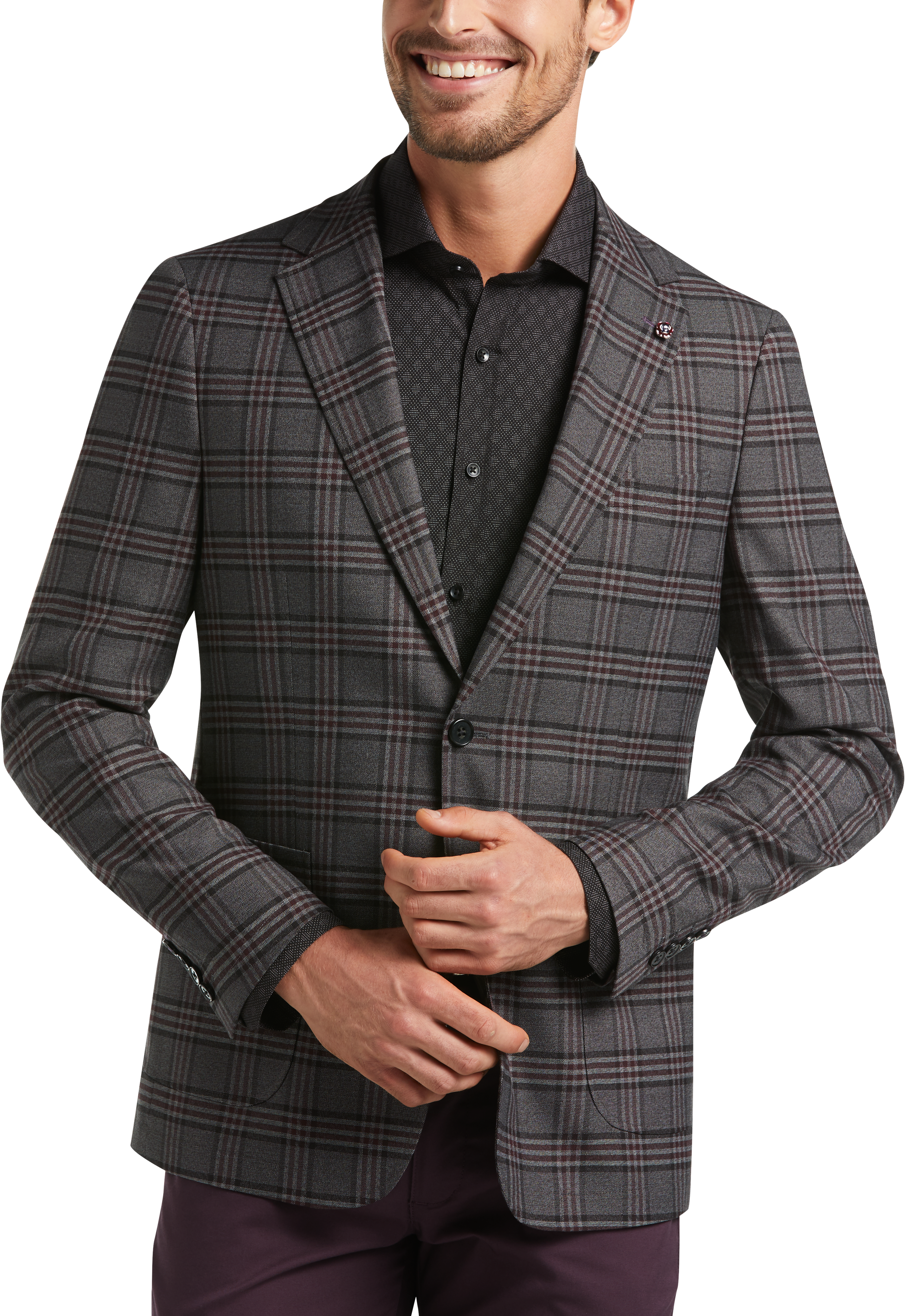 Suitor Charcoal & Burgundy Plaid Slim Fit Sport Coat - Men's Sale | Men ...