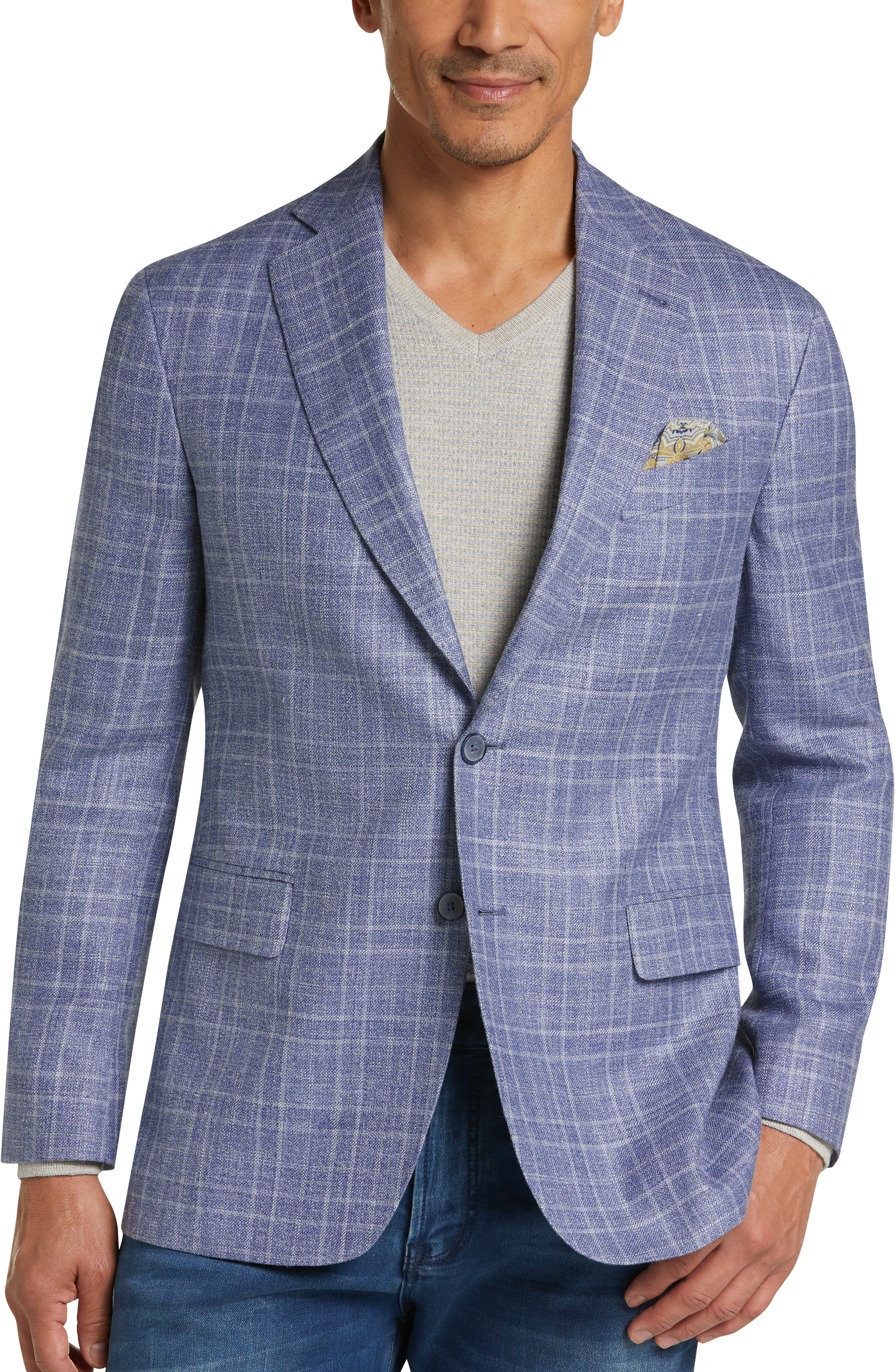 blue plaid sport coat with jeans