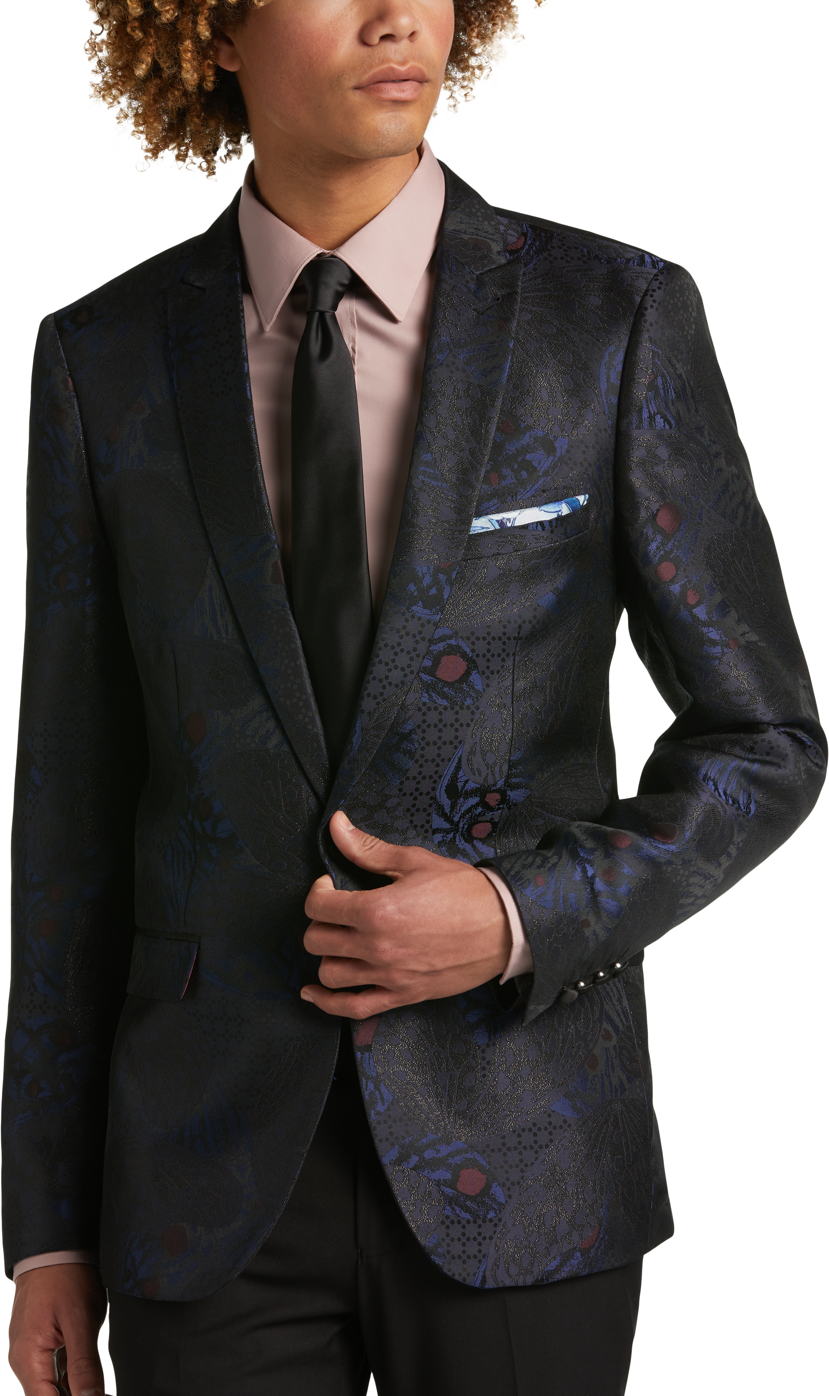 Men's Slim Fit Blazer Suit Jacket Black Printed Jacquard Sport Coat