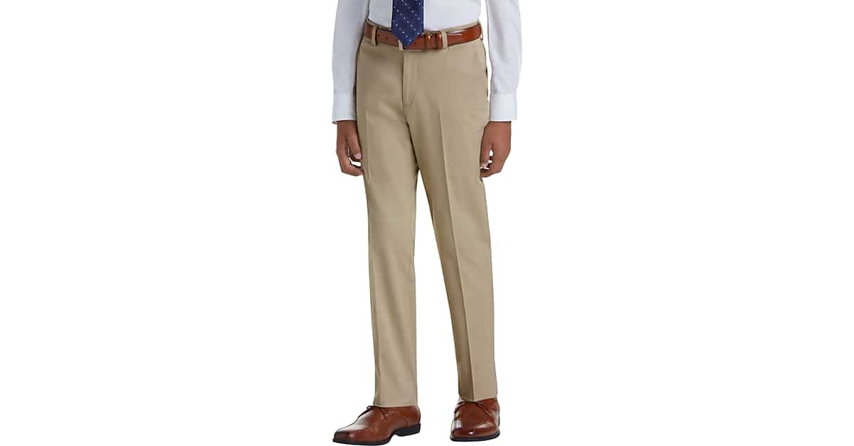 Boys Sand Dress Pants Flat Front Slacks with Brown Belt sizes 4 to 20