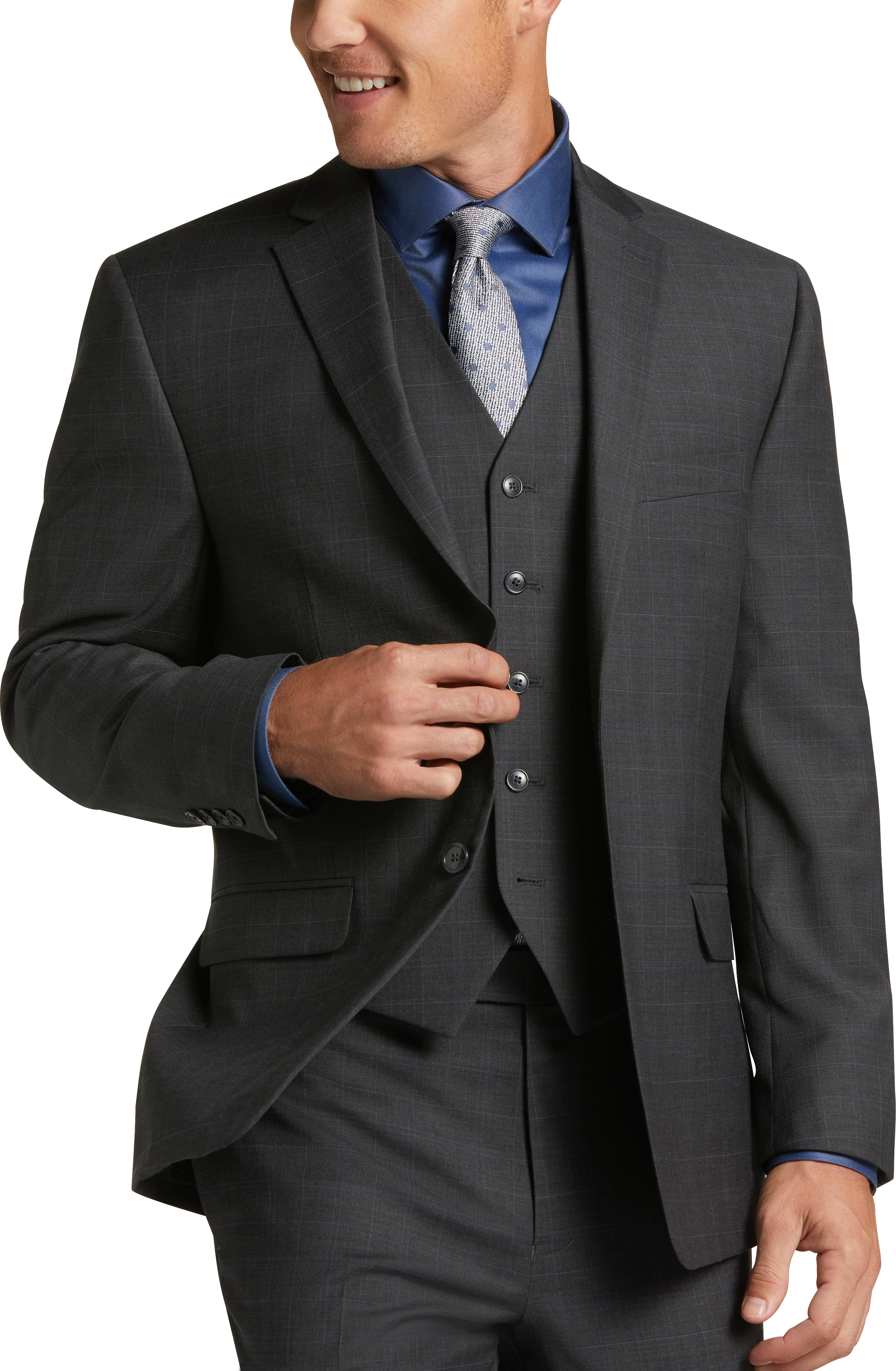 Michael Strahan Classic Fit Vested Suit Gray Windowpane Mens Sale 