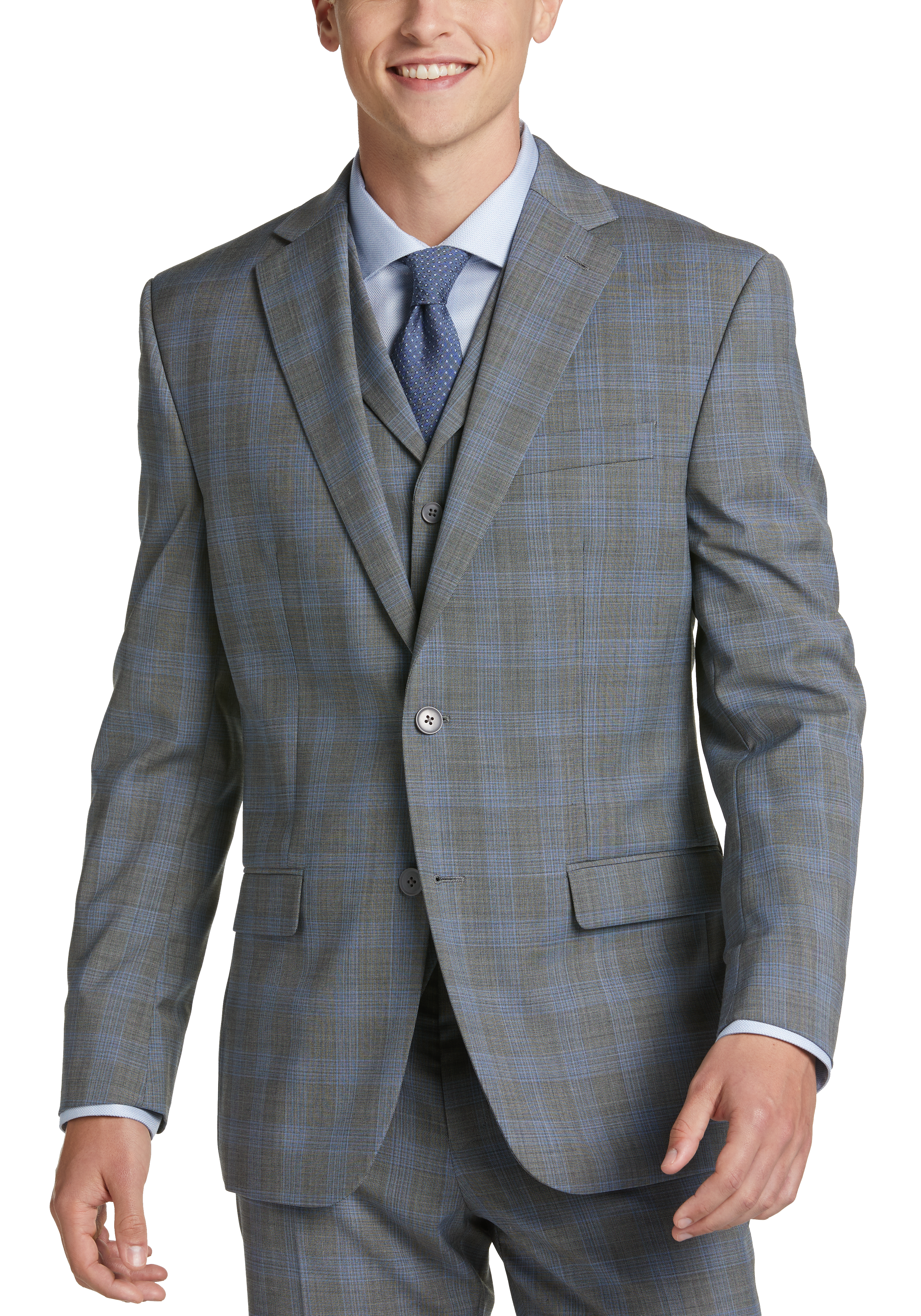 Michael Strahan Classic Fit Vested Suit Gray And Blue Plaid Mens Sale Mens Wearhouse 