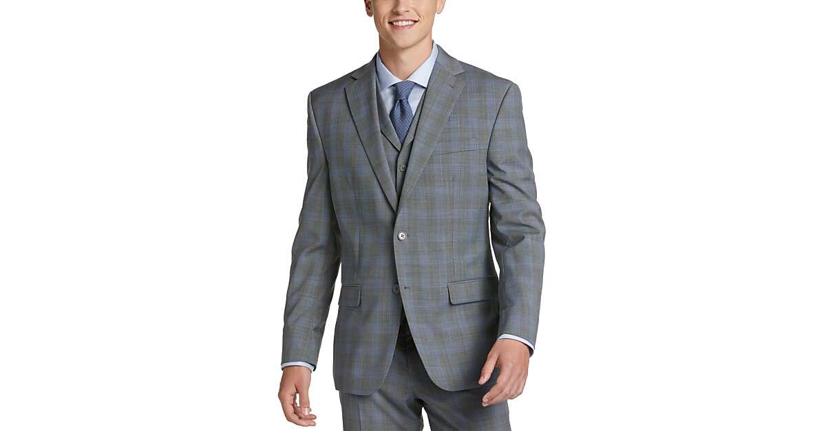 Michael Strahan Classic Fit Vested Suit Gray And Blue Plaid Mens Sale Mens Wearhouse 
