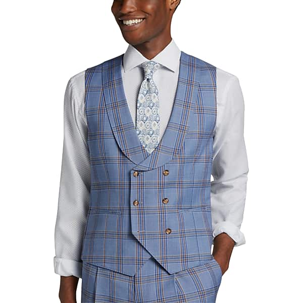 Edwardian Men’s Shirts, Vests, Sweaters Tayion Mens Classic Fit Suit Separates Double Breasted Vest Navy  Rust Plaid - Size XL $84.99 AT vintagedancer.com