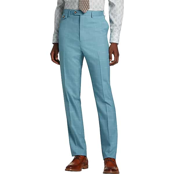 60s – 70s Mens Bell Bottom Jeans, Flares, Disco Pants Tayion Mens Classic Fit Suit Separates Pants Light Blue  Cream Windowpane - Size 38W x 32L $120.00 AT vintagedancer.com