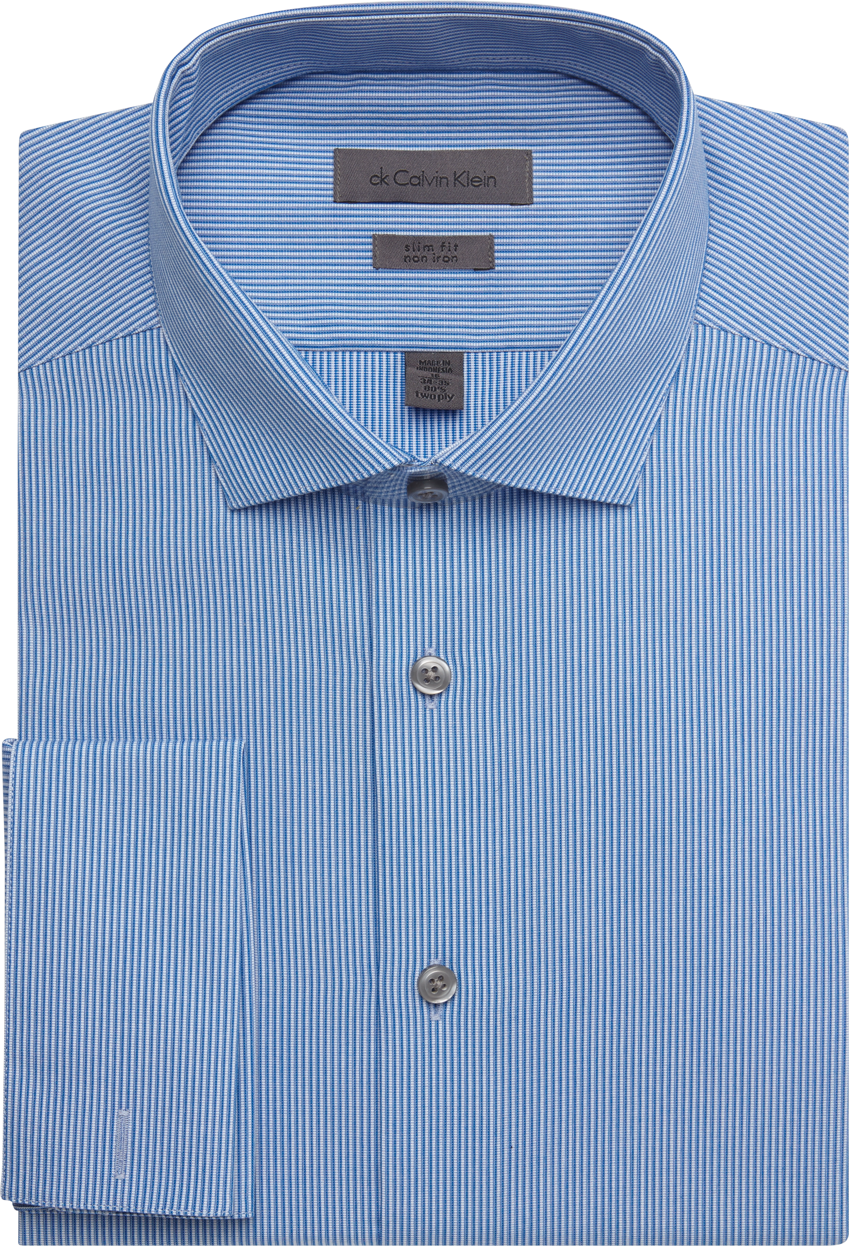 Calvin Klein Blue Stripe French Cuff Slim Fit Non-Iron Dress Shirt - Men's Sale | Men's Wearhouse