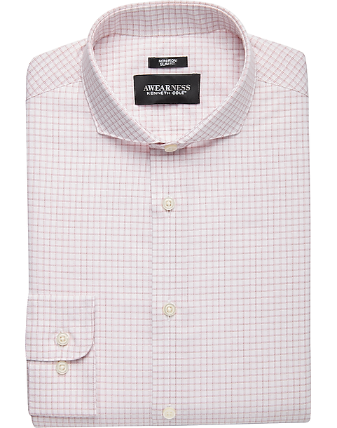 Mens Slim Fit Pink & White Checkered Spread Collar Cotton Blend Dress Shirt 