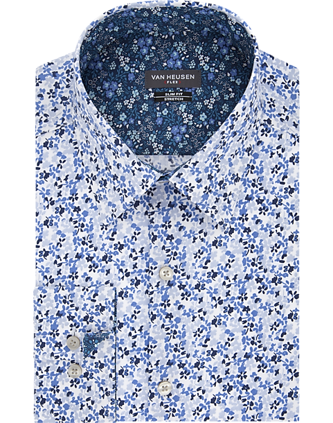Van Heusen Flex Collar Blue Micro Floral Slim Fit Dress Shirt - Men's ...