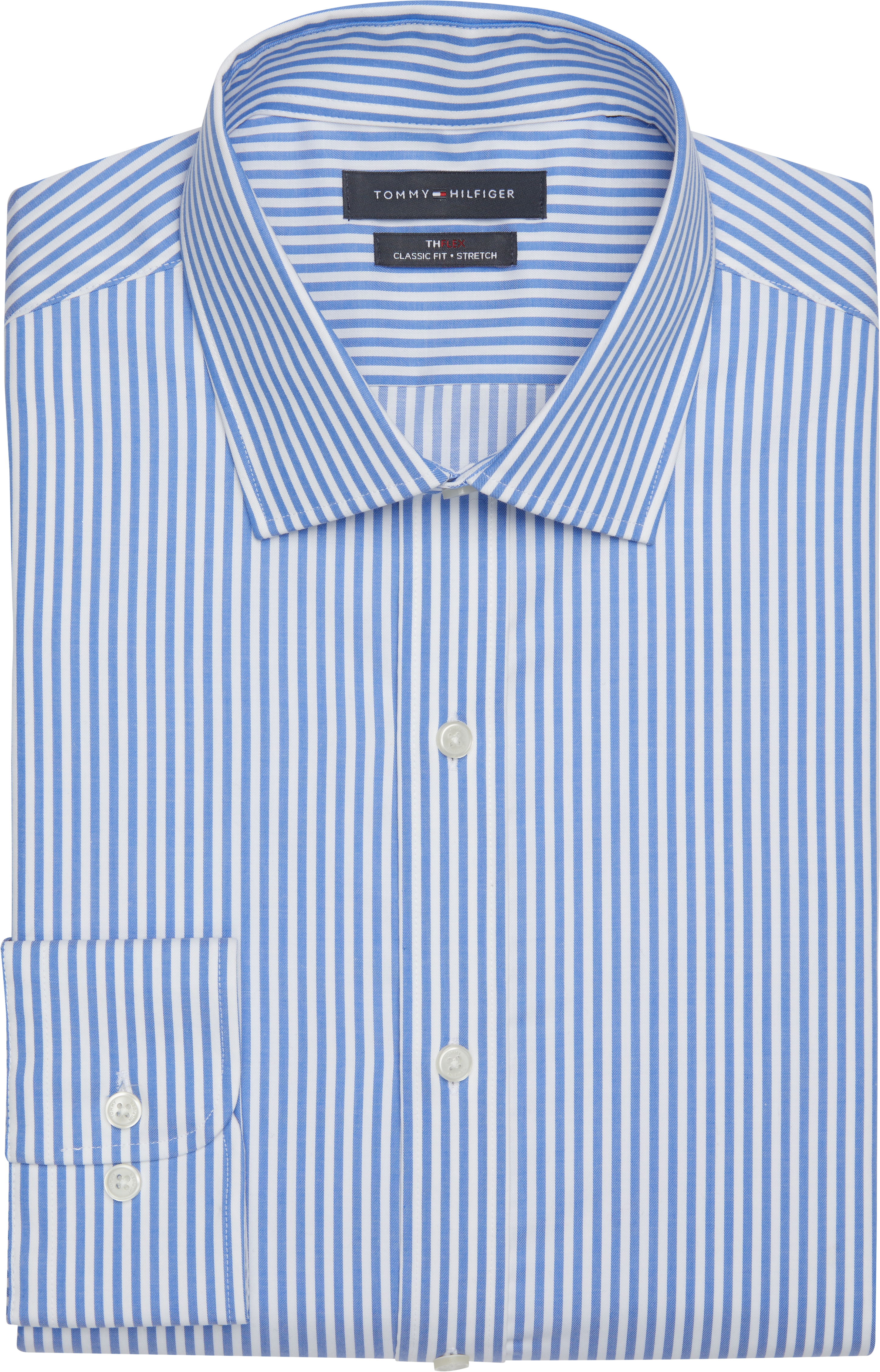 Tommy TH Flex Classic Fit Spread Collar Dress Shirt, Blue Stripe - Men's Shirts | Men's