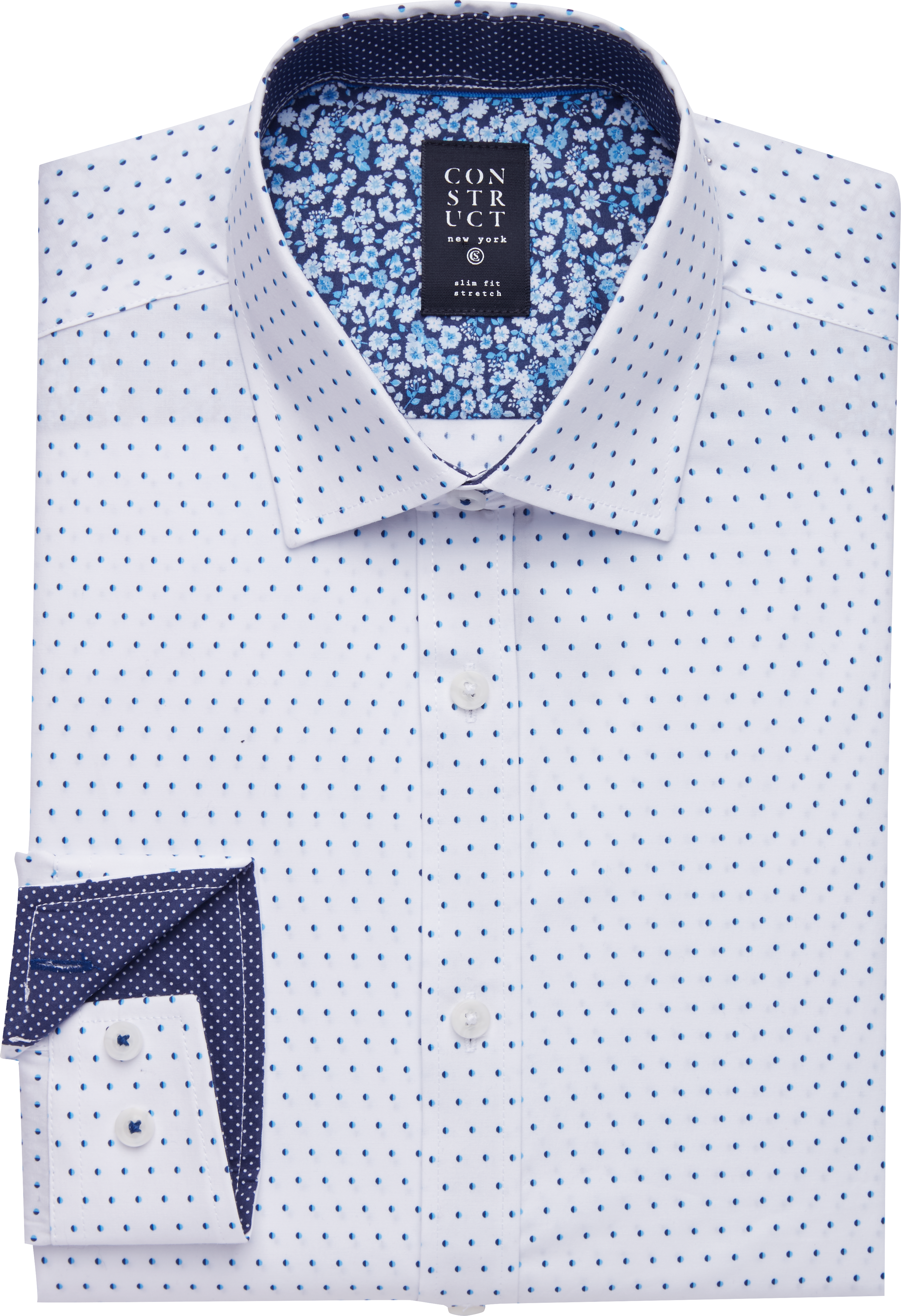 white dress shirt with blue dots
