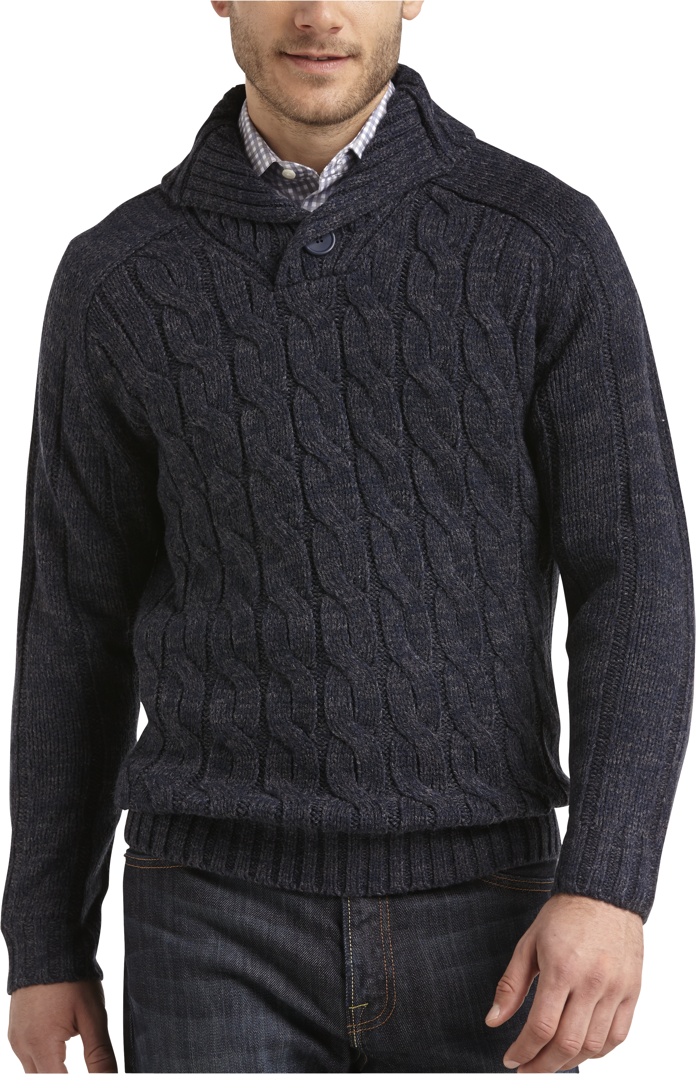 navy blue shawl collar sweater