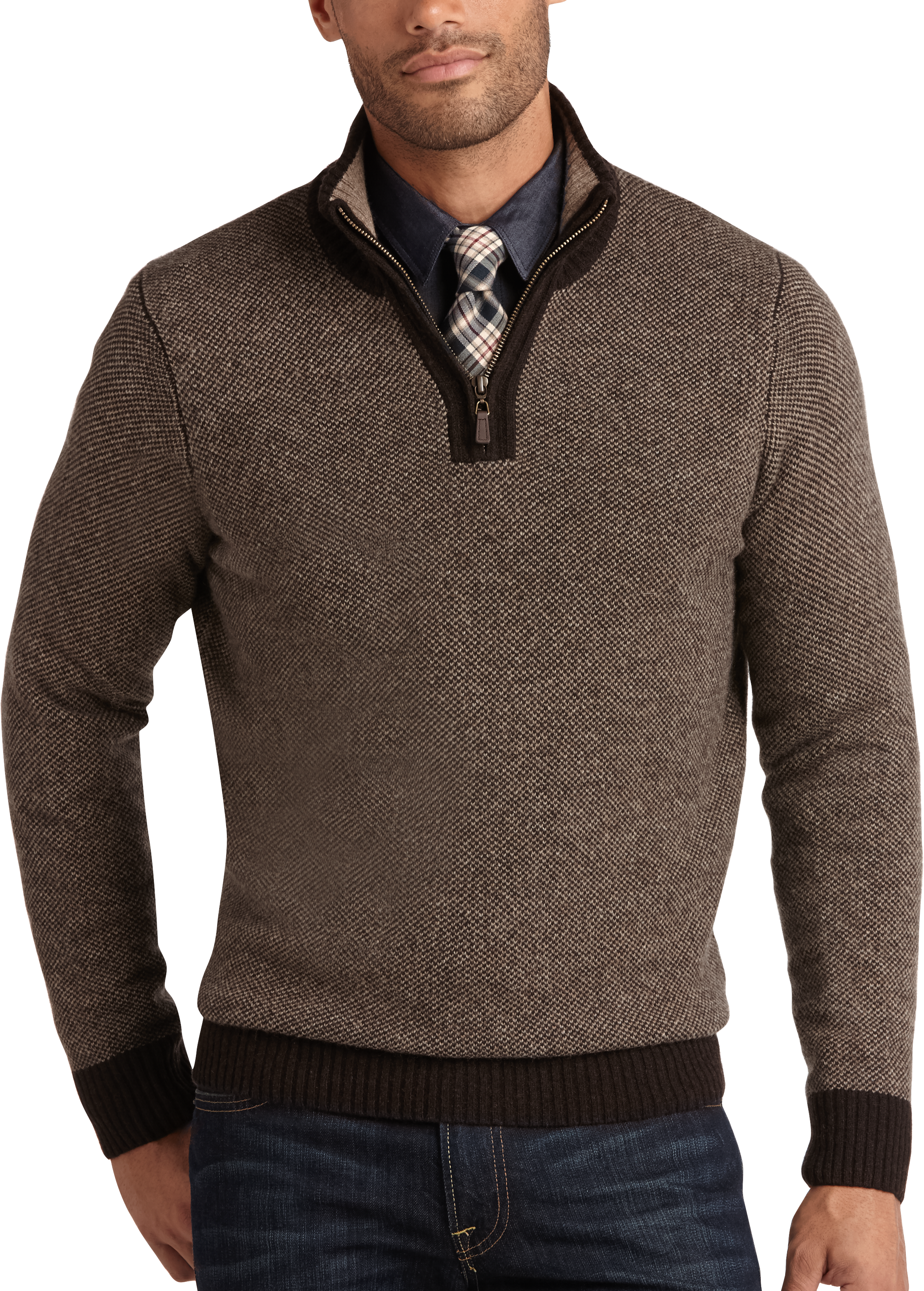 Pronto Uomo Brown Birdseye Modern Fit Half-Zip Sweater - Men's Sale ...
