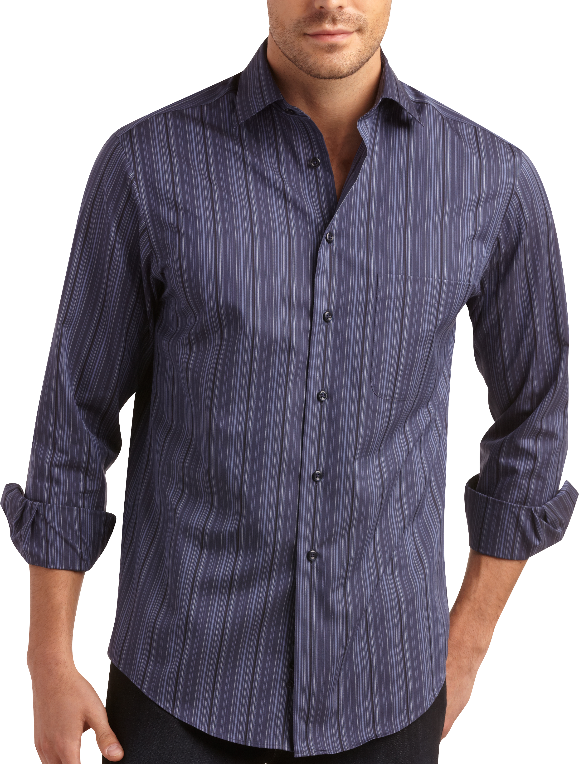 Pronto Uomo Navy Multistripe Sport Shirt - Men's Sale | Men's Wearhouse