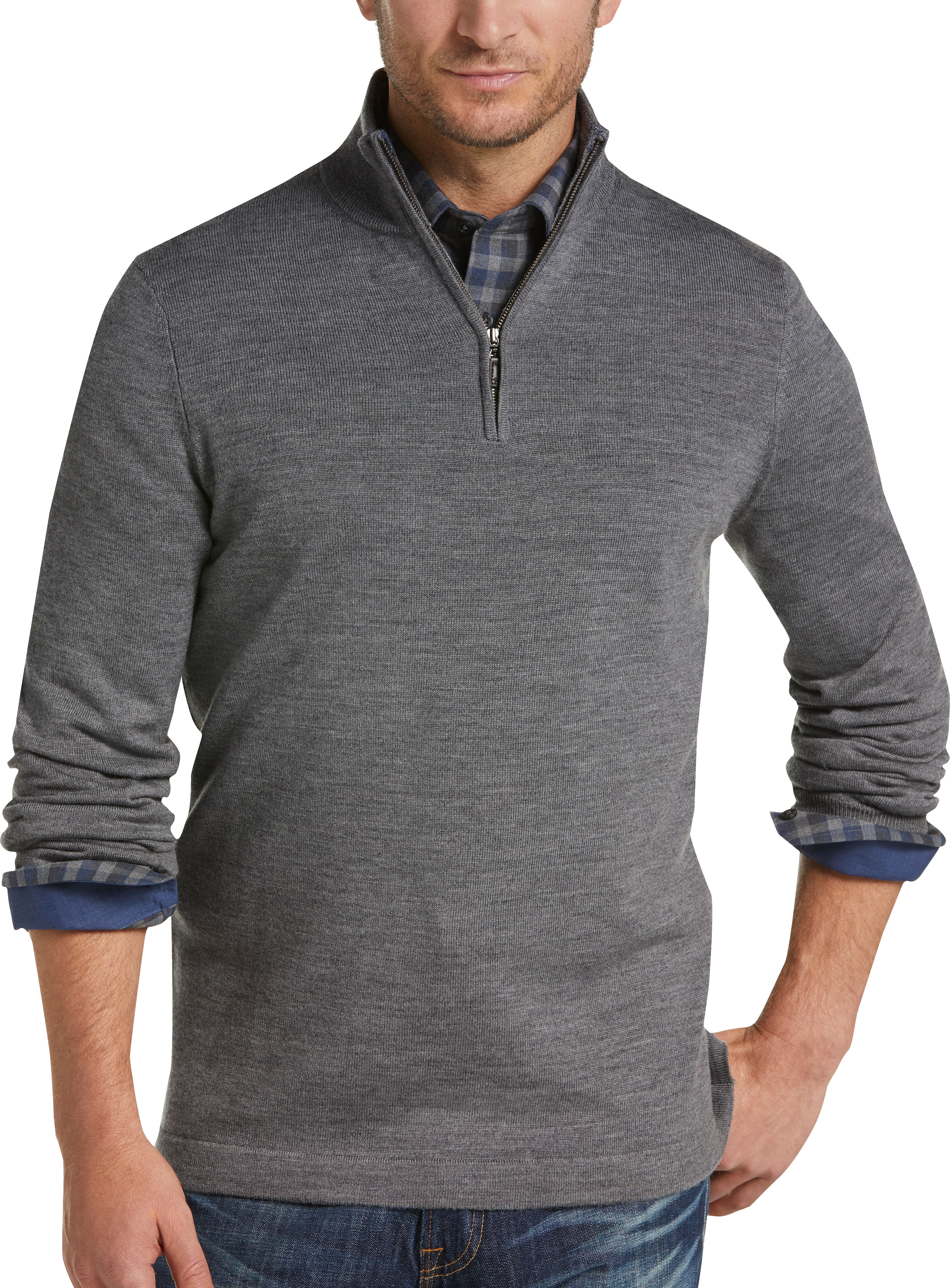 Joseph Abboud Light Gray 1/4 Zip Mock Neck Wool Sweater - Men's Sale ...