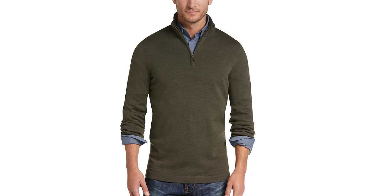 Joseph Abboud Olive 1/4 Zip Mock Neck Wool Sweater Men's Sale Men's
