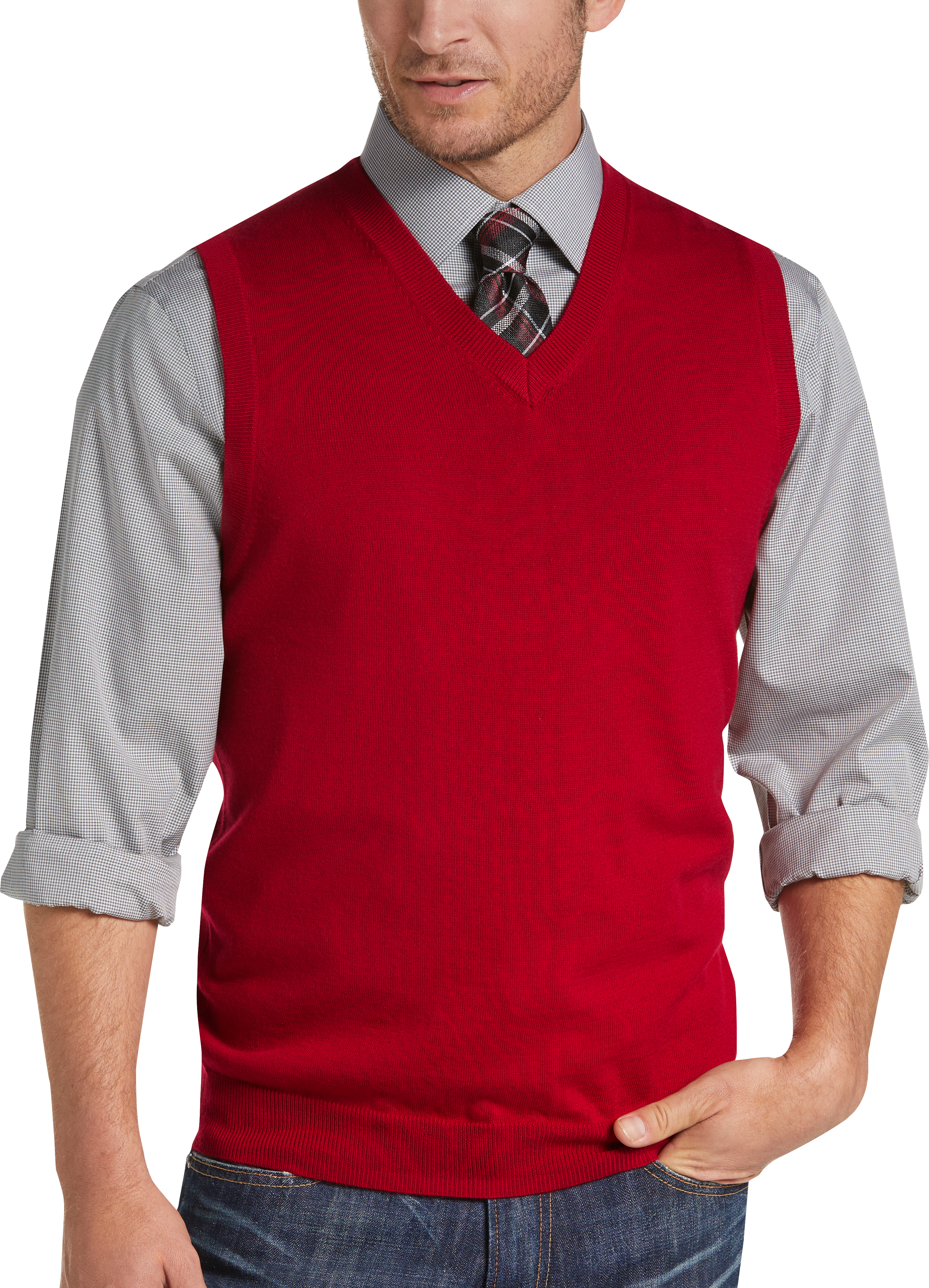 red v neck sweater mens outfit