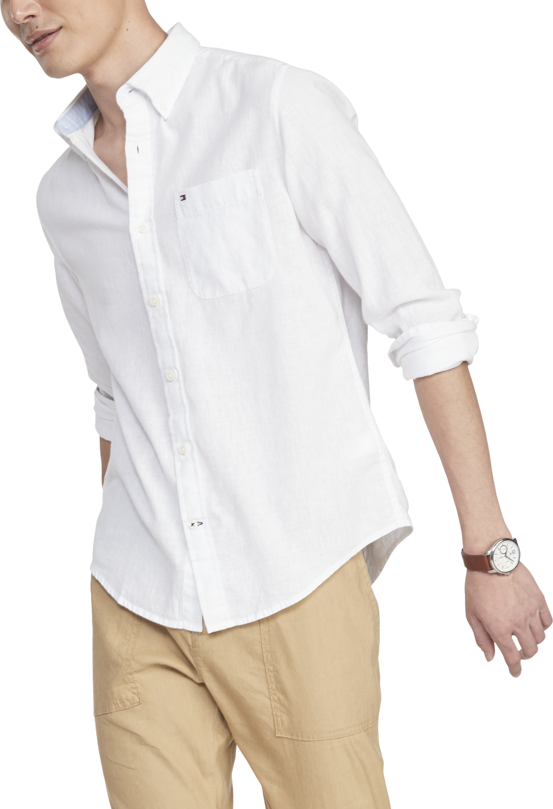 Tommy Hilfiger Wrinkle Resistant White Cotton Linen Custom Fit Shirt - Sale | Men's