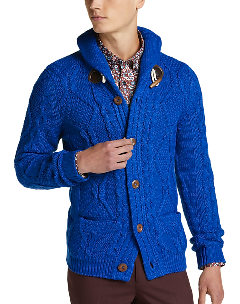 Paisley & Gray Slim Fit Cable Knit Cardigan, Blue - Men's Sweaters | Men's Wearhouse zoom in