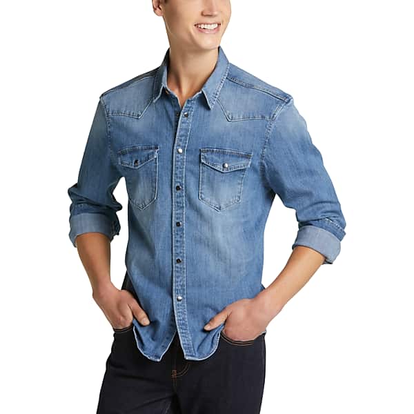 1940s Men’s Work Clothes, Casual Wear Paisley  Gray Mens Classic Fit Western Denim Shirt Medium Blue Wash - Size Medium $39.99 AT vintagedancer.com