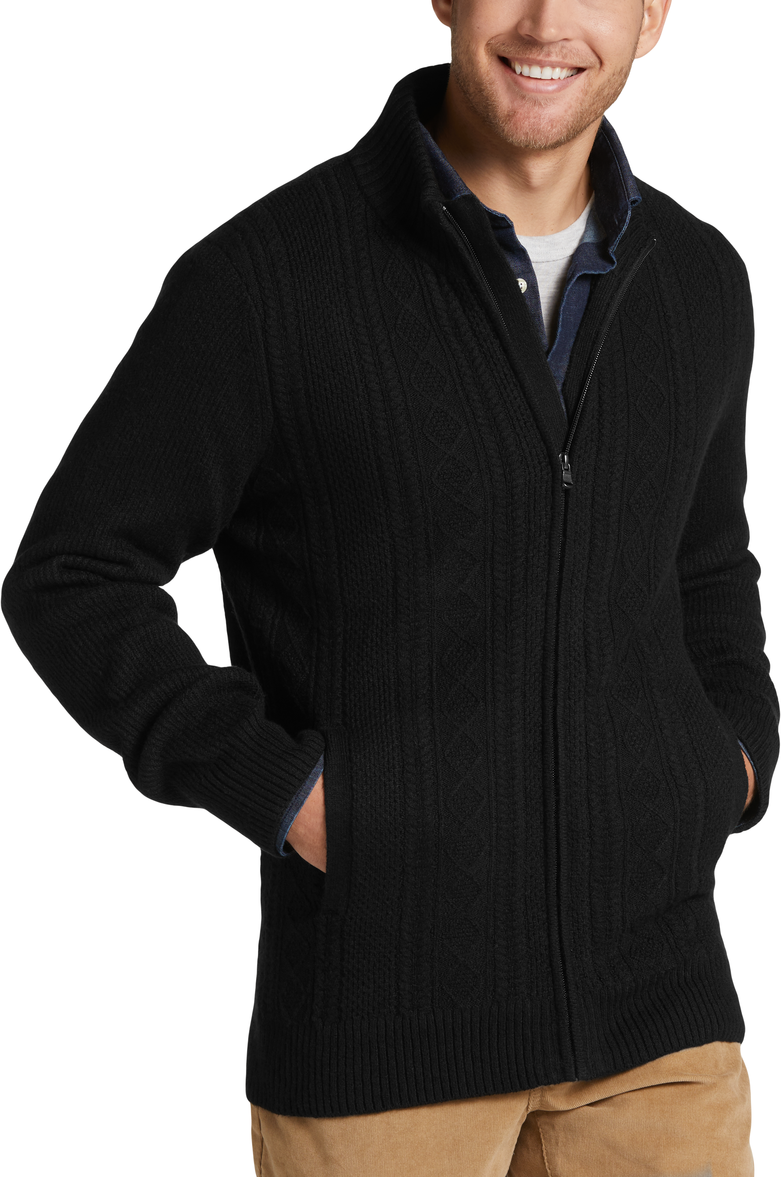 Joseph Abboud Modern Fit Cable Knit Full-Zip Sweater, Black - Men's ...