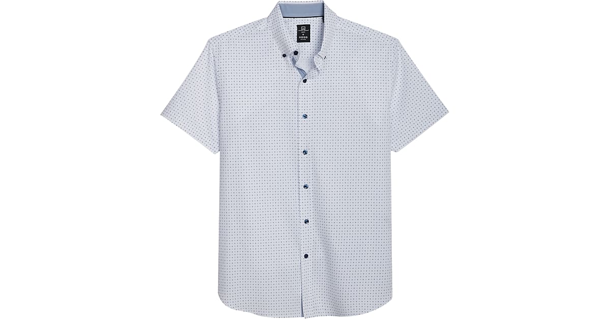 Michael Strahan Slim Fit Four Way Stretch Short Sleeve Sport Shirt White Square Dot Mens 