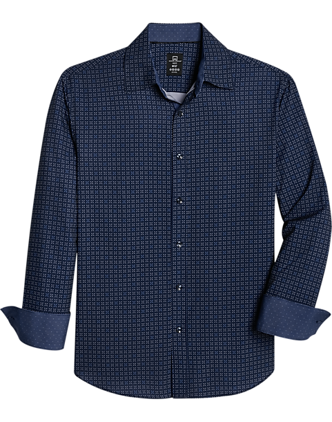 Michael Strahan Slim Fit Sport Shirt, Navy Blue Micro Geometric Print