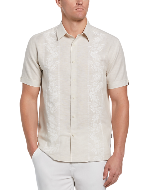 Cubavera Modern Fit Short Sleeve Floral Embroidered & a Relaxed Guayabera Sport Shirt (Size: Large in Natural)