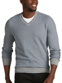 Mens - Joseph Abboud Slim Fit V-Neck Sweater, Gray Herringbone - Men's Wearhouse