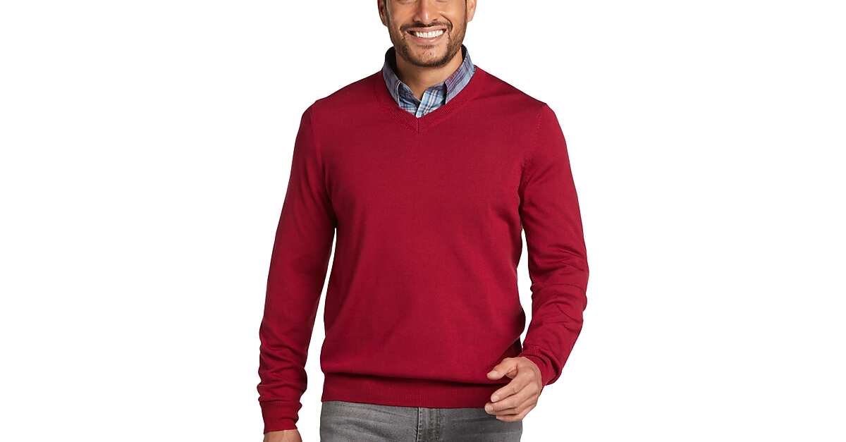 Jos. A. Bank Merino Wool Modern Fit Vneck Sweater, Red Men's Sale Men's Wearhouse