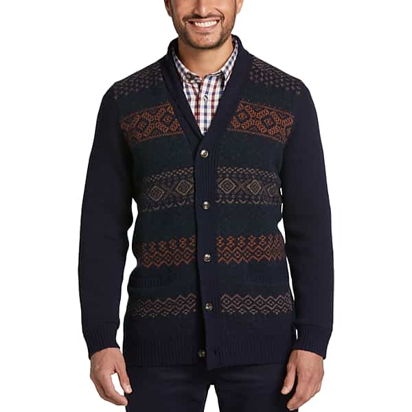 80s Mens Sweaters, Sweatshirts, Knitwear Jos. A. Bank Mens Modern Fit Fair Isle Shawl Collar Cardigan Navy  Rust - Size 2XLT $109.99 AT vintagedancer.com