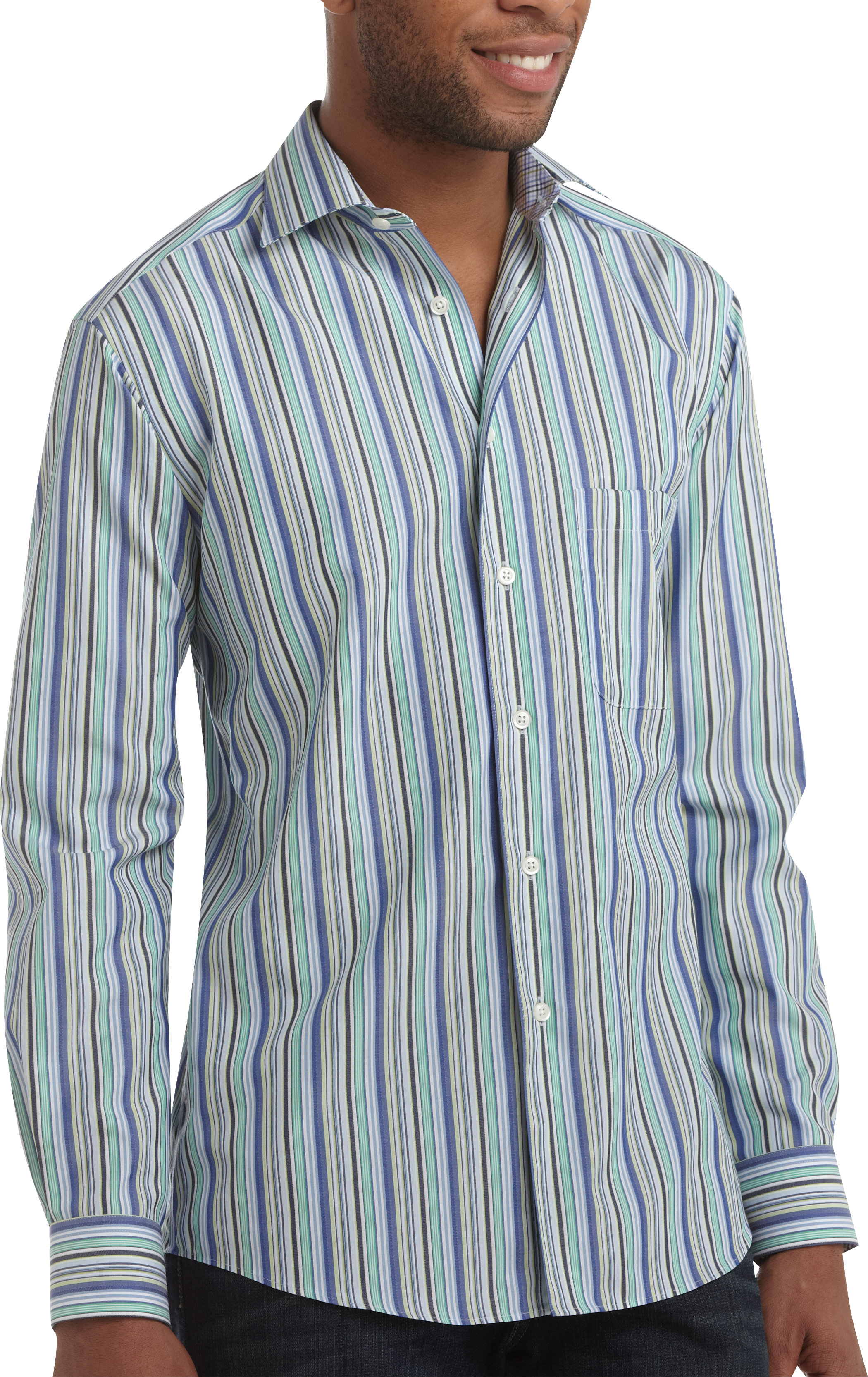 Pronto Uomo Blue and Green Stripe Modern Fit Sport Shirt - Men's Shirts ...