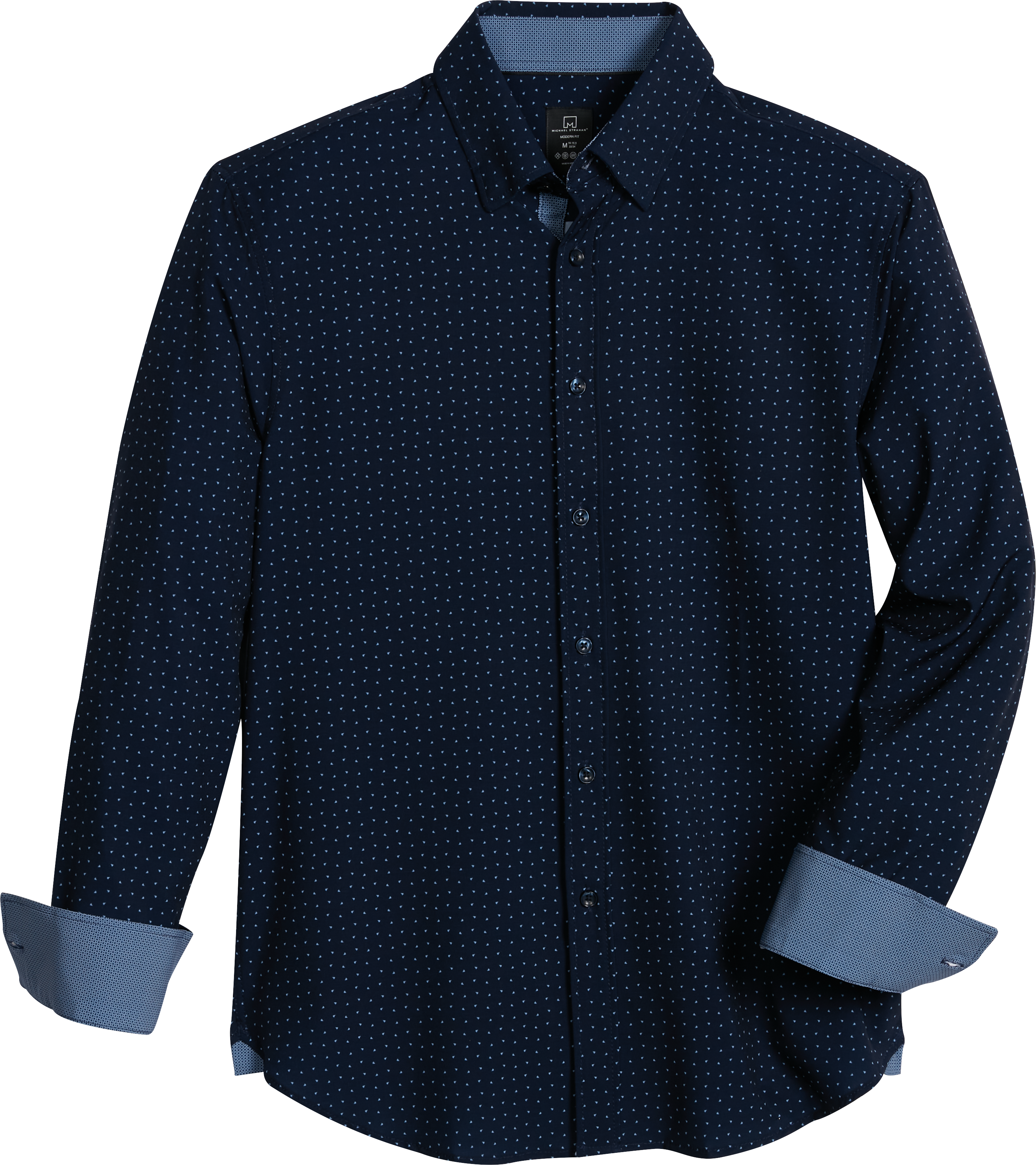 Michael Strahan Modern Fit Spread Collar Four Way Stretch Sport Shirt Navy Mini Triangle Dot 