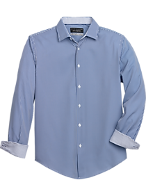 Mens Slim Fit, Shirts - Report Collection Slim Fit Four-Way Stretch Sport Shirt, Navy Stripe - Men's Wearhouse