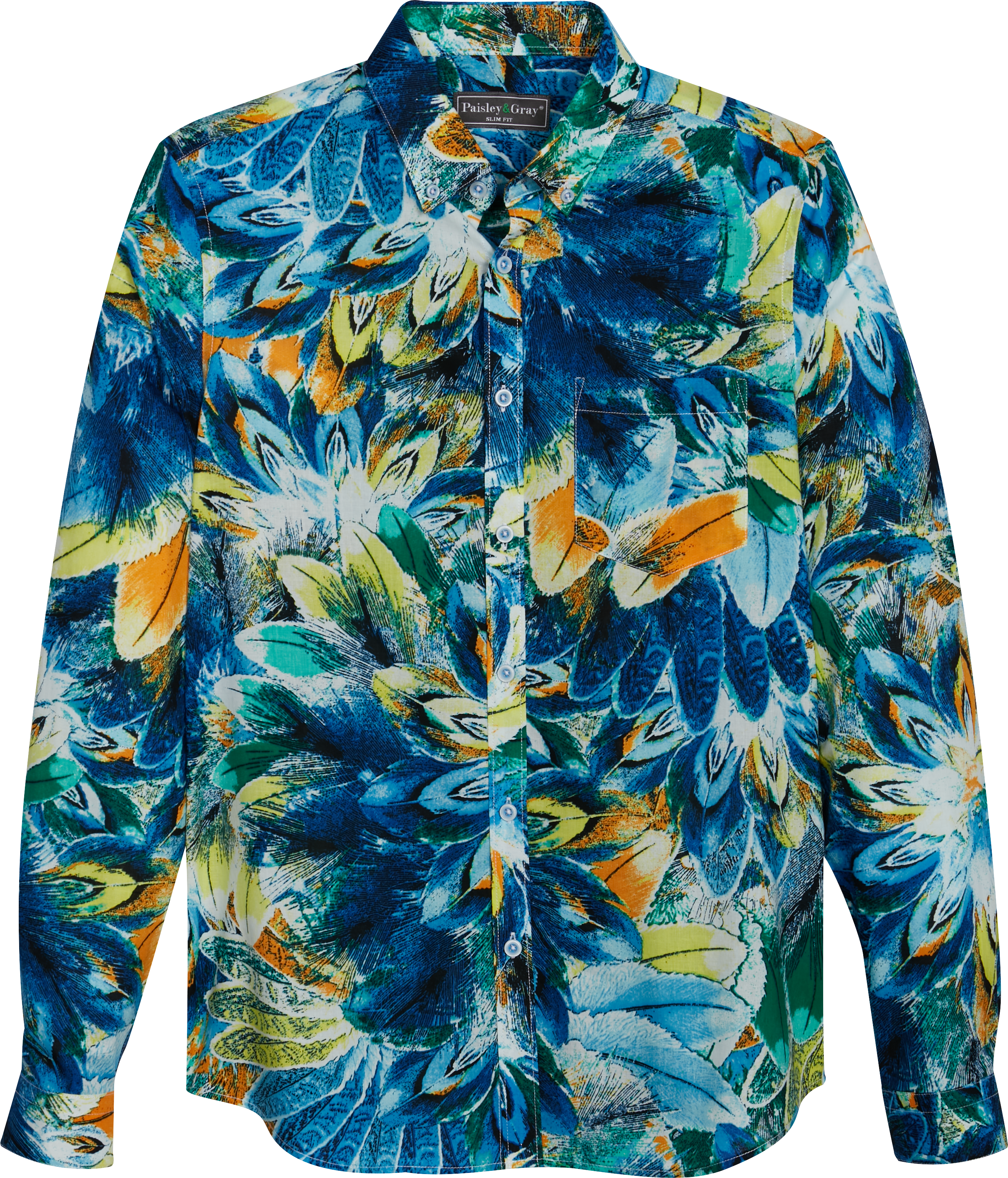 Paisley & Gray Slim Fit Button-Down Collar Sport Shirt, Blue and Yellow  Feathers