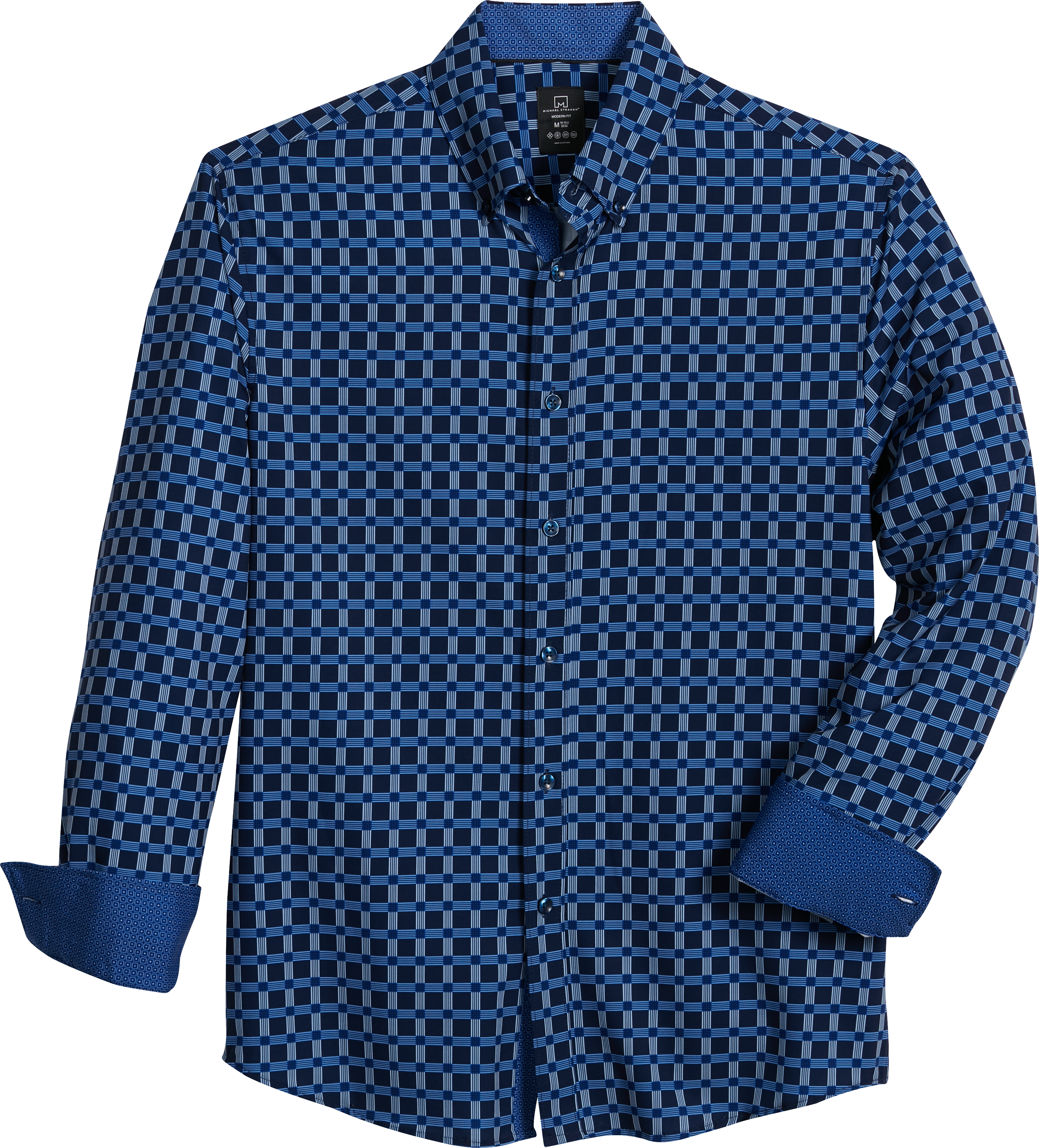 Michael Strahan Modern Fit Button Down Collar 4 Way Stretch Sport Shirt Navy Windowpane Mens 