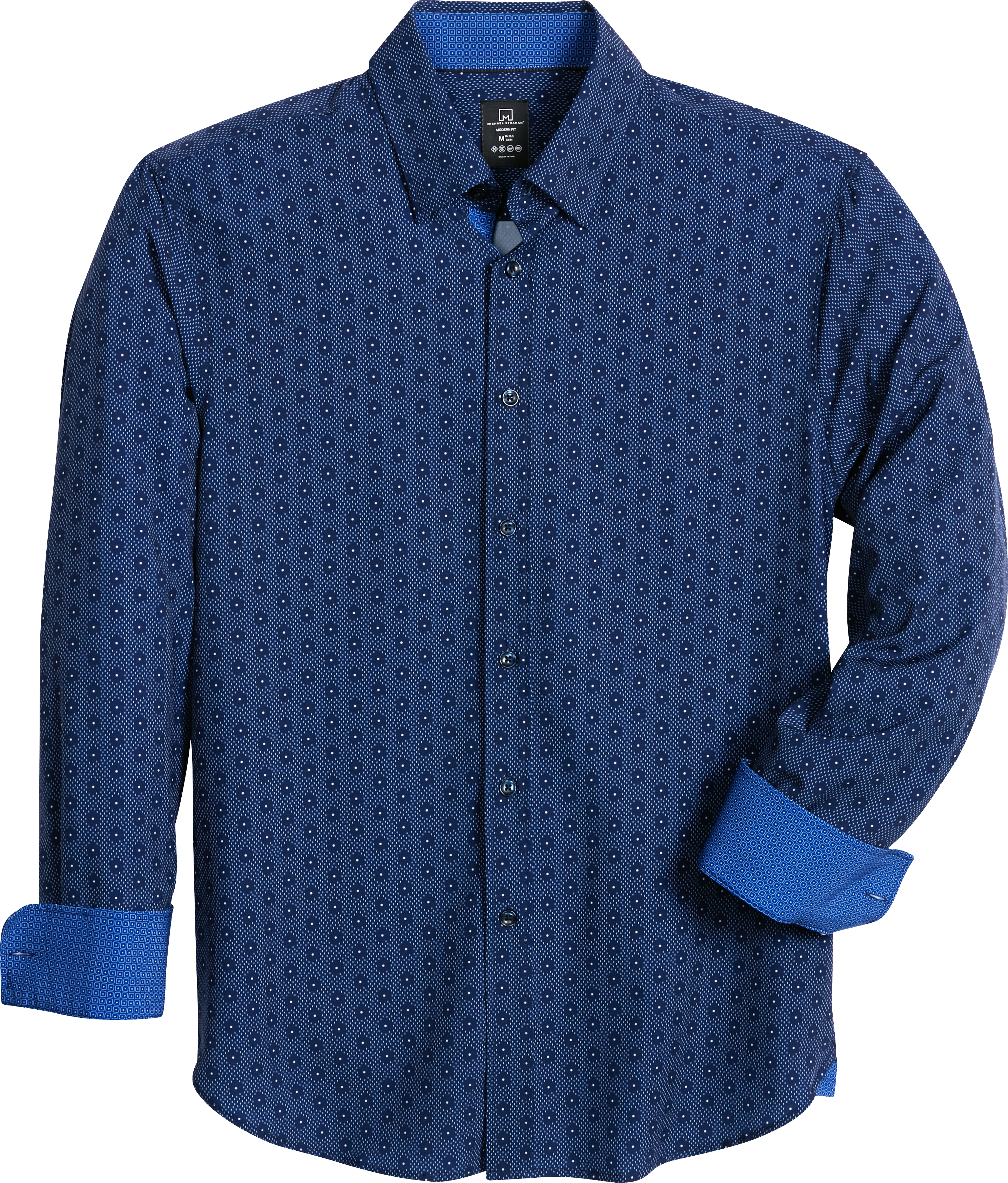 Michael Strahan Modern Fit Spread Collar 4 Way Stretch Sport Shirt Navy Hexagon Mens Sale 