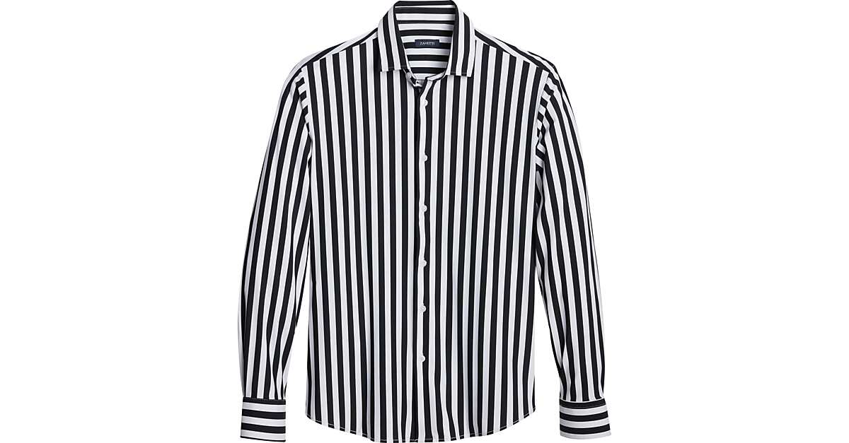 Zanetti Modern Fit Spread Collar Sport Shirt, Black and White Stripe ...