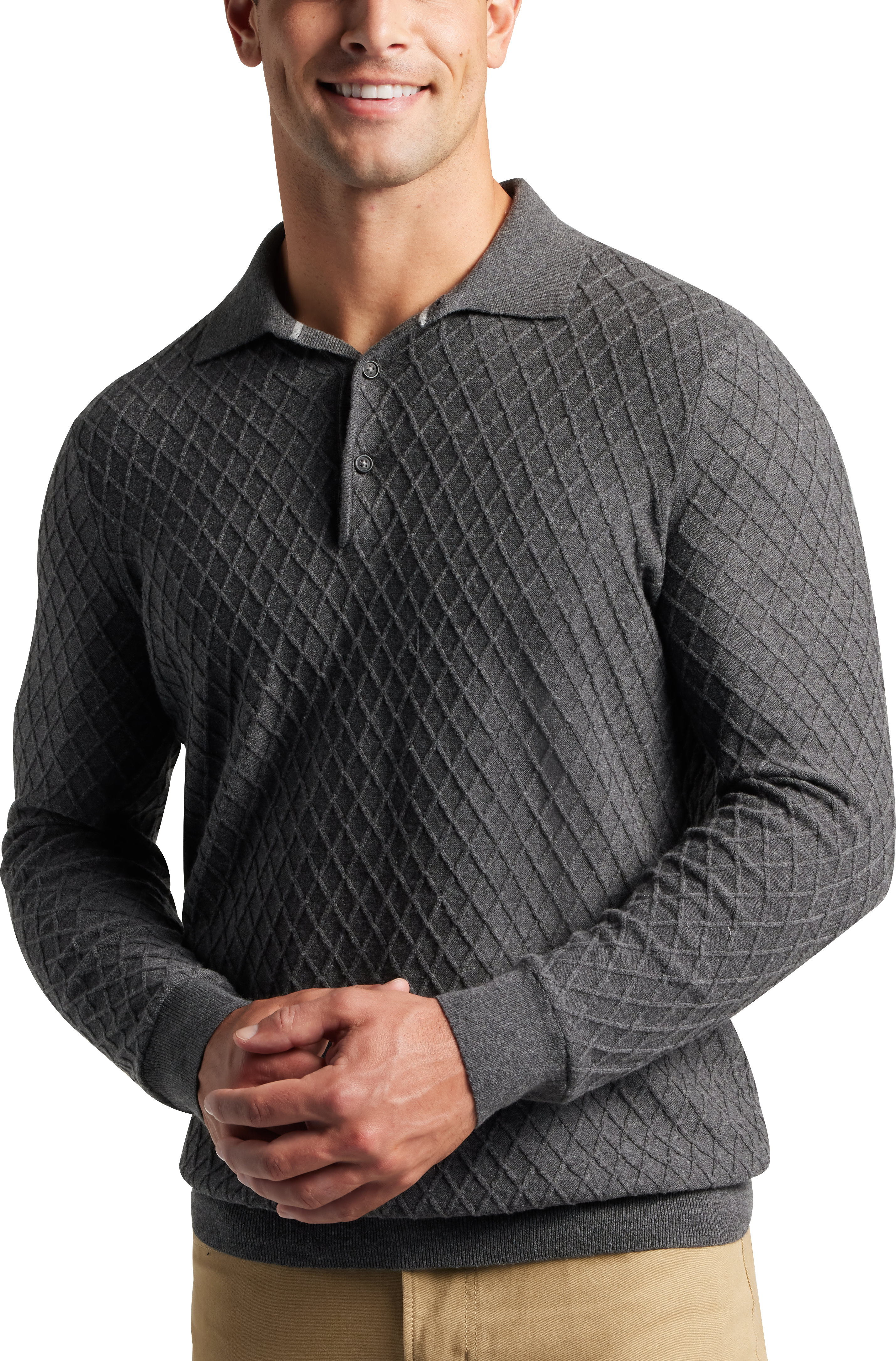 Joseph Abboud Modern Fit Diamond Stitch Polo Sweater, Charcoal - Men's  Shirts | Men's Wearhouse