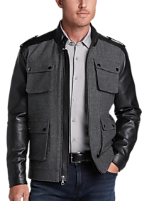 Mens - Michael Strahan Modern Fit Faux Leather Car Coat, Gray and Black - Men's Wearhouse
