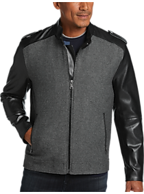 Mens - Michael Strahan Modern Fit Faux Leather Moto Jacket, Gray and Black - Men's Wearhouse