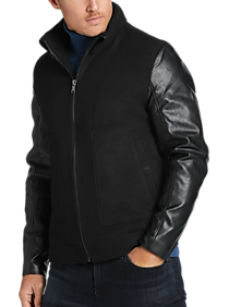 Mens - Michael Strahan Modern Fit Faux Leather Bomber Jacket, Black - Men's Wearhouse