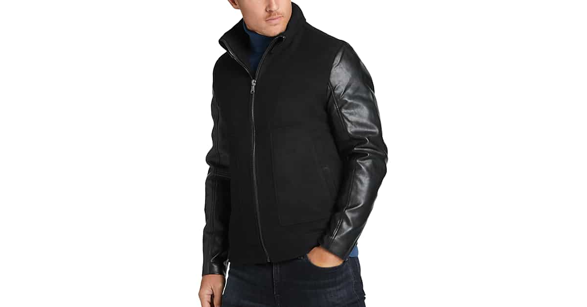 Michael Strahan Modern Fit Faux Leather Bomber Jacket Black Mens Sale Mens Wearhouse 