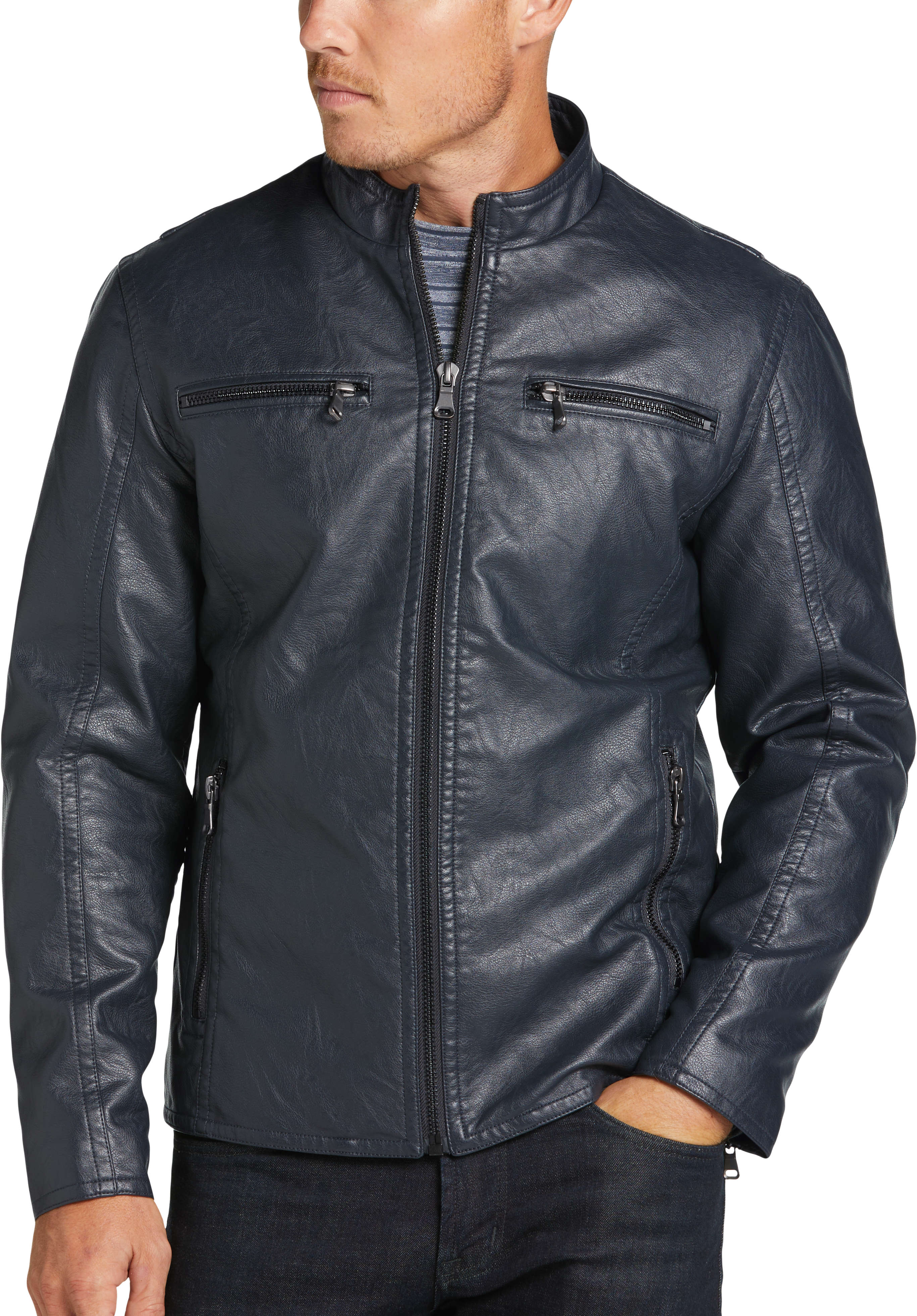 Awearness Kenneth Cole Modern Fit Moto Jacket, Navy Faux Leather - Men ...