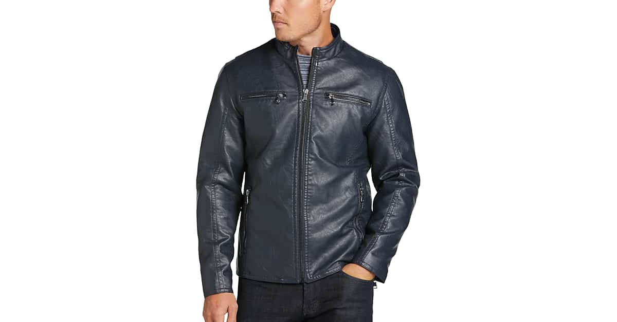 Awearness Cole Modern Fit Moto Jacket, Navy Faux Leather Men