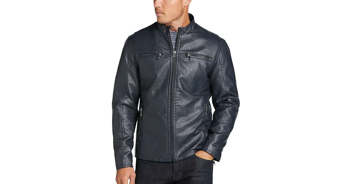 Awearness Kenneth Cole Modern Fit Moto Jacket Navy Faux Leather Mens Sale Mens Wearhouse 