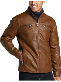 Mens Outerwear - Awearness Kenneth Cole Modern Fit Moto Jacket, Camel Faux Leather - Men's Wearhouse