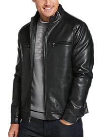 Mens Outerwear - Michael Strahan Bomber Jacket, Black Faux Leather - Men's Wearhouse