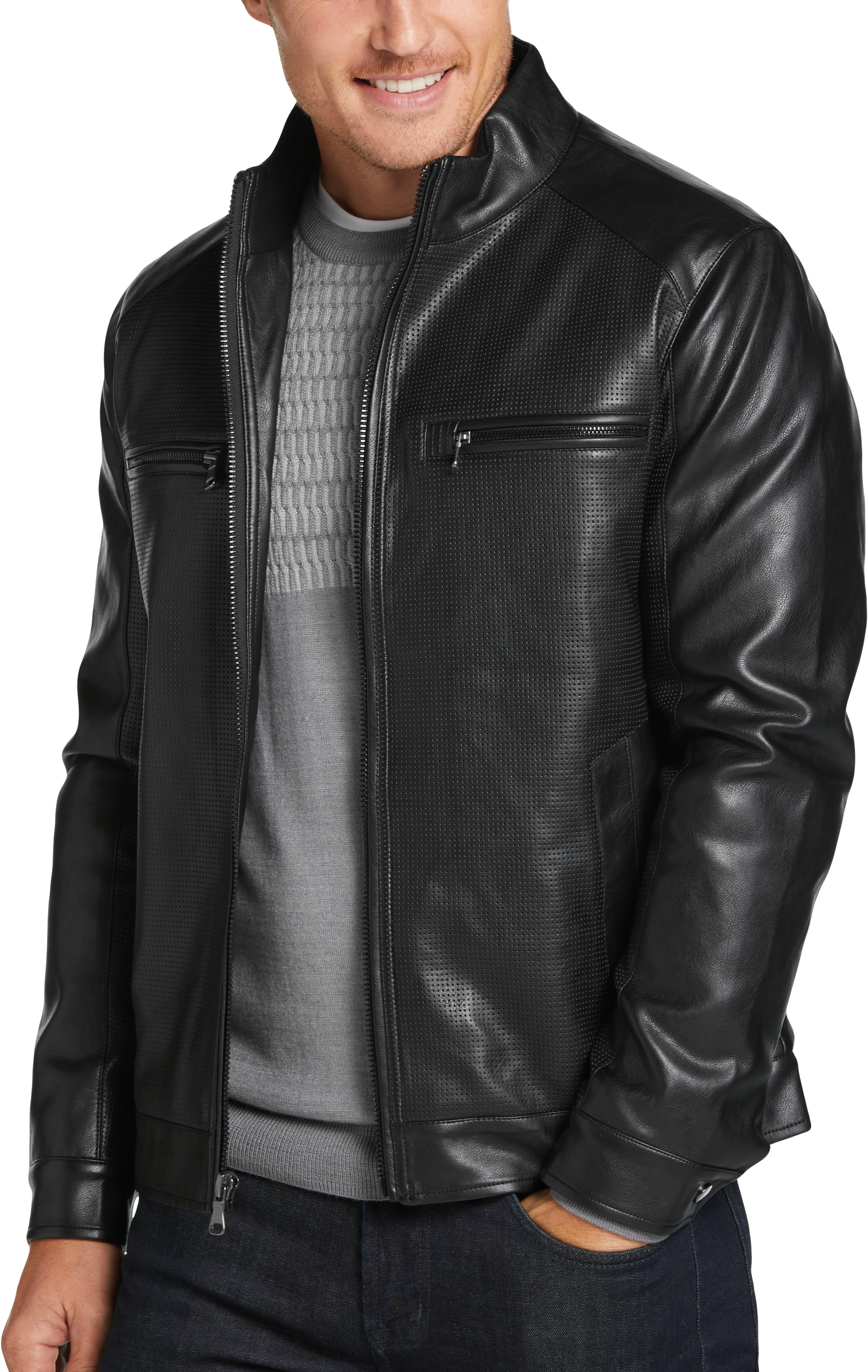 Michael Strahan Bomber Jacket, Black Faux Leather - Men's Sale | Men's ...